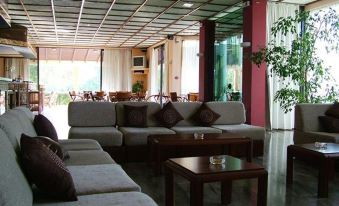 a spacious living room with multiple couches and chairs arranged around a coffee table , creating a cozy atmosphere at Pegasus Hotel