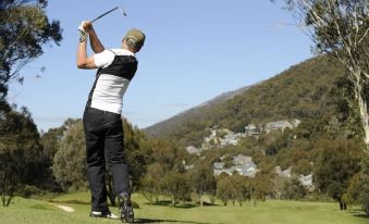 a man is swinging a golf club on a golf course , with mountains in the background at Alpenhorn