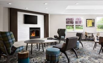 a modern living room with a fireplace , comfortable seating , and a flat - screen tv mounted on the wall at Residence Inn Harrisburg Carlisle