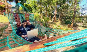 a man is sitting in a hammock , using a laptop computer , while another person walks by in the background at Lazy Days