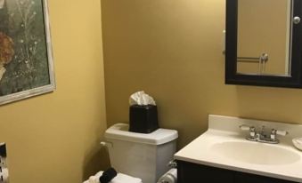 a small bathroom with yellow walls , black trim , and white toilet , along with a black sink and a white towel at Lofts on Main
