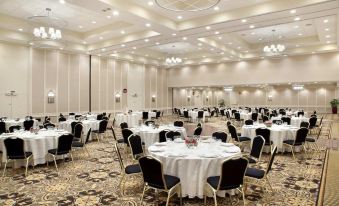 a large , well - lit conference room with round tables and chairs arranged for a formal event at Hilton Lexington/Downtown