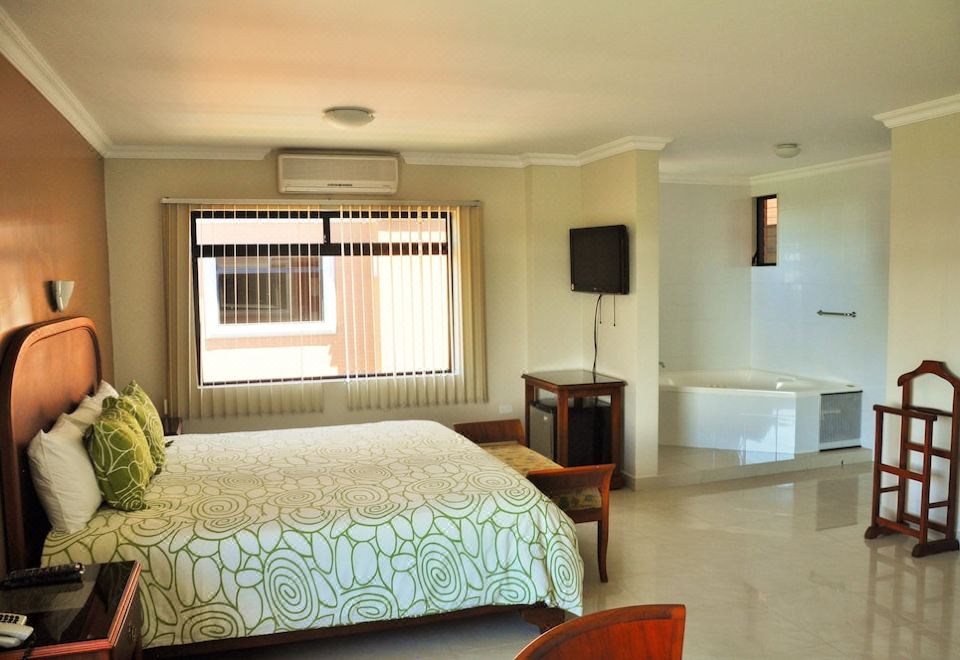 a well - appointed bedroom with a large bed , a television , and a window overlooking the city at Gran Hotel de Lago - El Coca