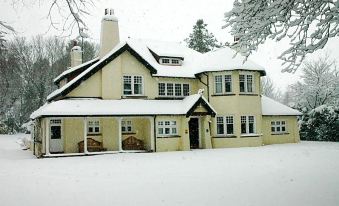 a large , yellow house with a white chimney is surrounded by snow and trees , and has a porch at Rivendell