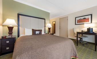 a large bed with a brown blanket and a teddy bear pillow is in a hotel room at Best Western Plus White Bear Country Inn