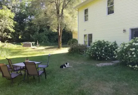 Charming 2-bedroom apartment with outdoor hot tub in rural area, private yard.