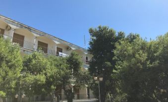 a sunny day with blue skies and green trees , leading to a white building with balconies at Eden Park Hotel