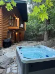 Cozy log cabin secluded in a mountain forest with hot tub, sauna, private patio.