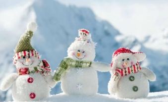 a group of three snowmen , each wearing a different outfit and posing for a picture in front of a snowy mountain backdrop at Elizaveta