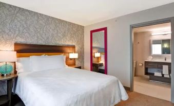 a hotel room with a king - sized bed , a bathroom with a bathtub , and a closet at Home2 Suites by Hilton Harrisburg North