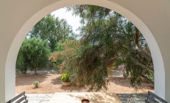 a view of a courtyard through an archway , with trees and a table in the foreground at Parosland Hotel