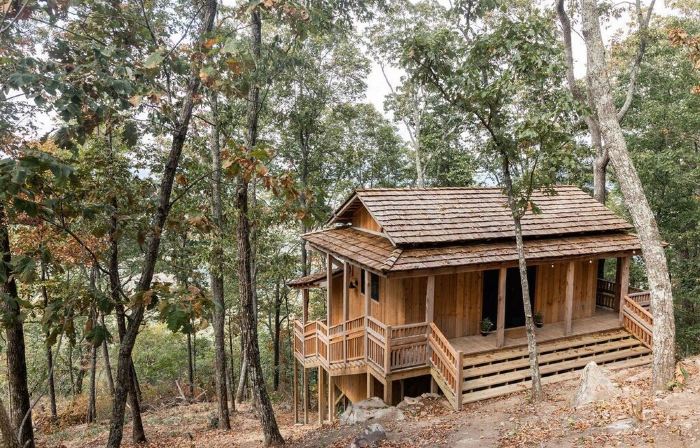 Japanese timberframe tiny house perched on side of Lookout Mountain