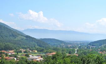 a picturesque view of a small village nestled in a valley surrounded by lush greenery and mountains at Girasole