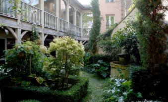 a lush , well - maintained garden with various plants and trees , as well as a stone pathway leading to a house at Les Etangs de Corot