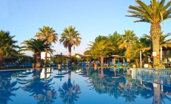 a large outdoor swimming pool surrounded by palm trees , with people enjoying their time in the water at Elizabeth