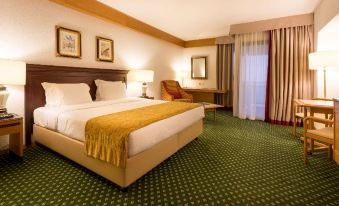 a hotel room with a king - sized bed , a chair , and a window overlooking the city at Hotel Estoril Eden