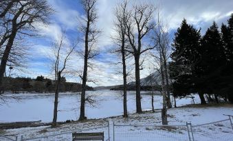 a snow - covered field with bare trees , a fence , and a bench , set against a backdrop of a lake and mountains under a cloudy at Kilmorey Lodge