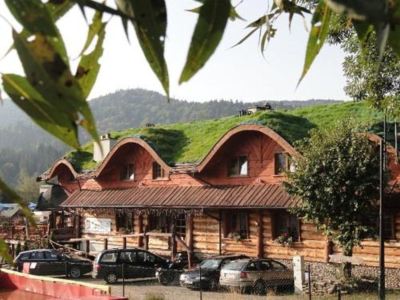 a group of small wooden houses with a green roof is surrounded by trees and mountains at Troll