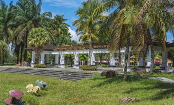 a white building with a large arched entrance is surrounded by palm trees and grass at Hako Hotel (Mount Austin)