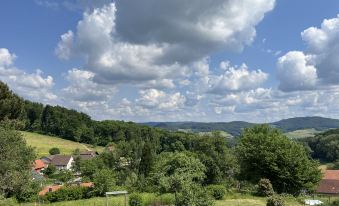 a scenic view of a village nestled in the mountains with clouds and green trees at Hartmann