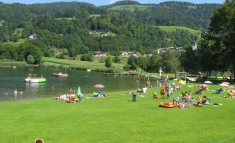 a large grassy field with numerous people enjoying various activities , including swimming , playing in the water , and engaging in various games at Frank