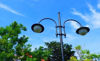a black street lamp with two lights on a pole in front of a blue sky at Applewood B&B