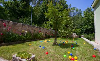 a grassy area with a stone wall and a tree , surrounded by colorful balls in the grass at Luna