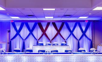 a well - decorated banquet hall with a long banquet table and multiple chairs arranged for a special event at Holiday Inn Weirton - Steubenville Area