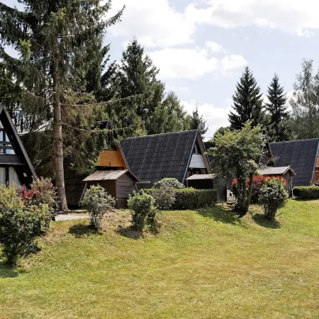 Wooden Chalet with Terrace Near Swimming Lake
