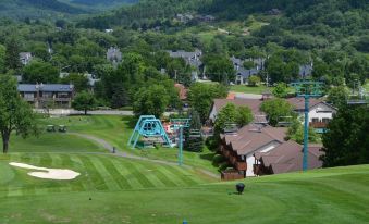 a scenic view of a golf course and residential area with houses in the background at The Inn at Holiday Valley