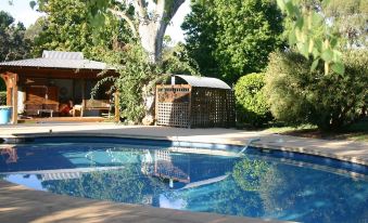 a backyard with a swimming pool surrounded by trees , and a gazebo in the background at Riverhouse at Howqua Dale