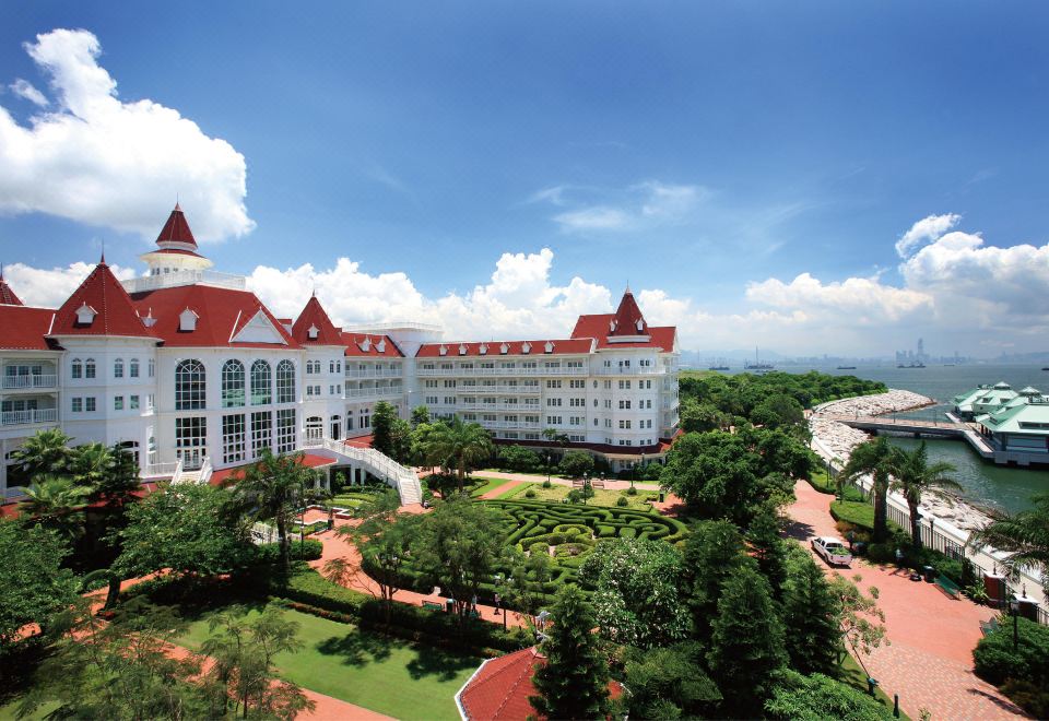 The aerial shot captures the view of the main building and its surroundings from the hotel at Hong Kong Disneyland Hotel
