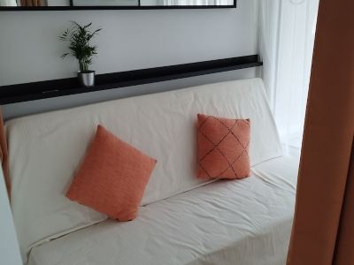 Completely renovated studio with sleeping area separated by partition and curtain