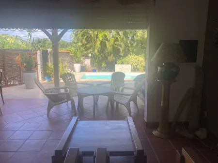 Heavenly spot with saltwater pool and typical gazebo in pretty garden