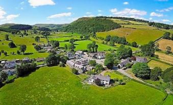 an aerial view of a small village nestled in a lush green valley , surrounded by rolling hills and lush trees at The Hand at Llanarmon