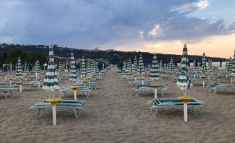 a sandy beach with numerous rows of white and green umbrellas , providing shade for beachgoers at Hotel Royal