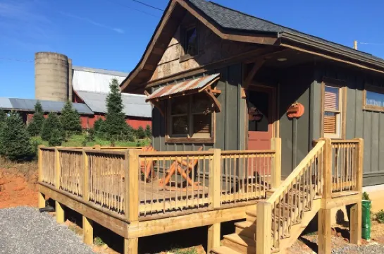 A hand-crafted cabin built in the middle of a Christmas Tree farm.