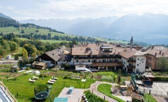 a large , white building with a brown roof and many windows is surrounded by greenery and mountains at Hotel Alpino
