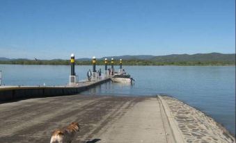 a dog is walking along a pier near the water , with several people in the distance at Emu Park Motel