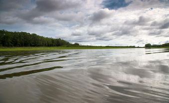 a calm body of water with a cloudy sky overhead , reflecting the beauty of nature at Heliconia Amazon River Lodge