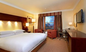 a hotel room with a king - sized bed , two chairs , and a tv . also a window in the room at Avisford Park Hotel