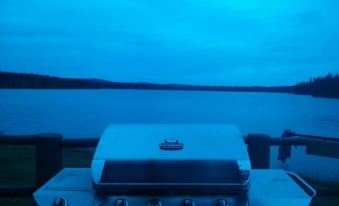 a grill with a red handle and knob is sitting on the edge of a body of water at Pine Point Resort