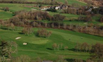 a lush green golf course with a few houses in the background and a clear blue sky above at King's Arms