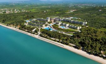 an aerial view of a luxurious resort with multiple buildings , a pool , and lush greenery , surrounded by the ocean at Ikos Oceania