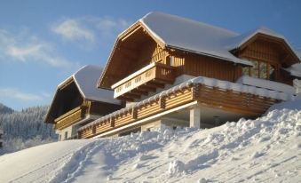 a wooden chalet surrounded by snow - covered mountains , with a staircase leading up to the top of the building at Hohenstein