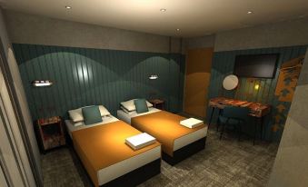 a modern hotel room with two beds , white bedding , and blue walls , along with a dining area at The Garrison