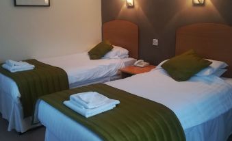 two beds with white sheets and green blankets are placed side by side in a room at Stamford Gate Hotel