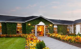 a large house surrounded by a lush green lawn , with several potted plants placed around the property at The Keadeen Hotel