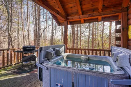 Quaint cabin nestled in the pines.