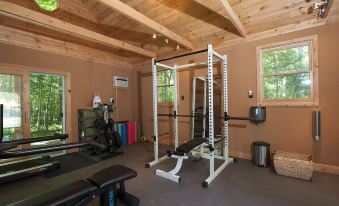 a well - equipped home gym with various exercise equipment , including a squat rack , weights , and a treadmill at Chatfield Hollow Inn